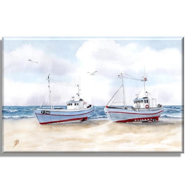 Leinwand 40 x 30 cm Keilrahmen Canvas-Leinen Zwei Fischerboote an Land  Aquarell Maritim Kunst Druck Kunstdruck Dänemark Nordsee Düne Meer Möwe Strand